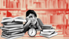 A photo illustration of a woman looking impatient with a clock and a stacks of books in front of her.