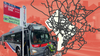 Collage of a Metrobus, bus sign, and a map of routes. 