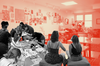 A photo collage of people doing crafts, with  a red background of Living Room's interior.