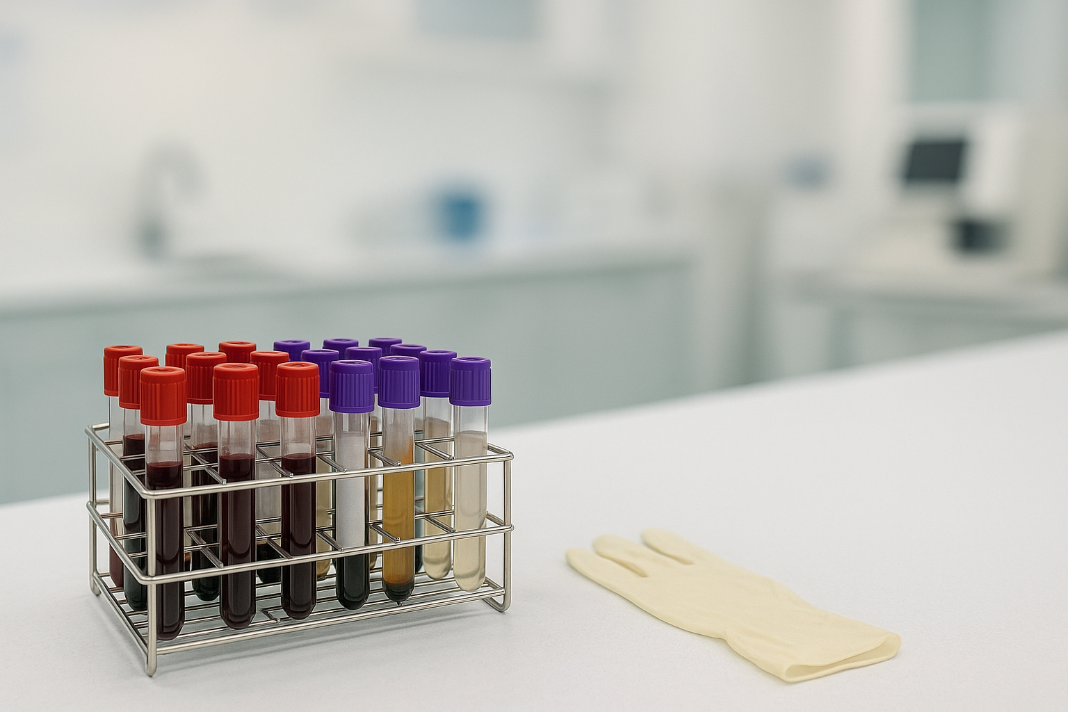 검사실에서 혈액 검체 튜브가 꽂혀있는 모습