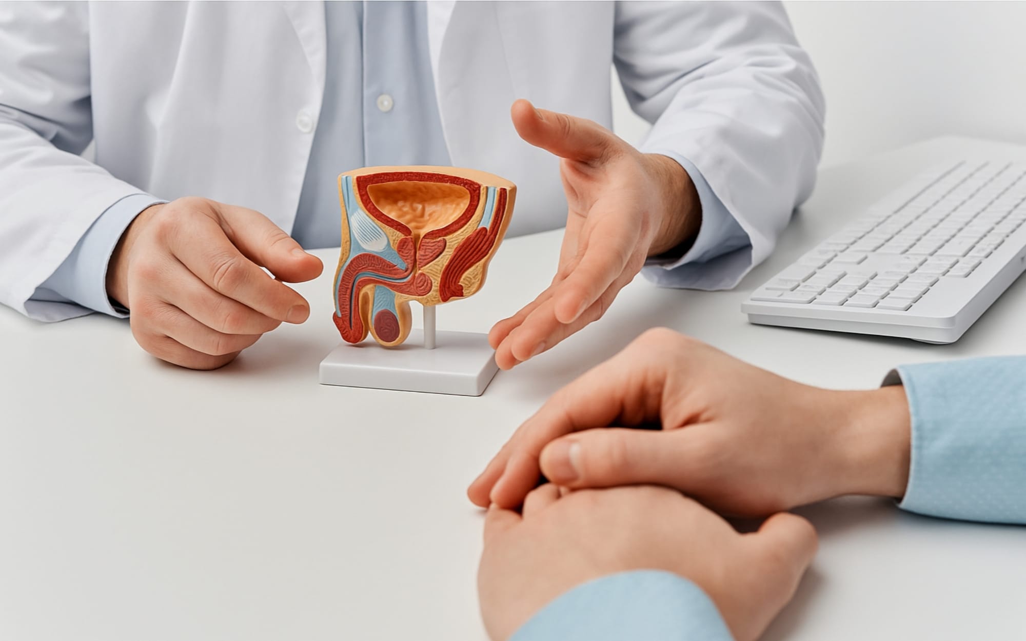 비뇨기 해부 모형도를 보며 환자에게 설명하고 있는 모습