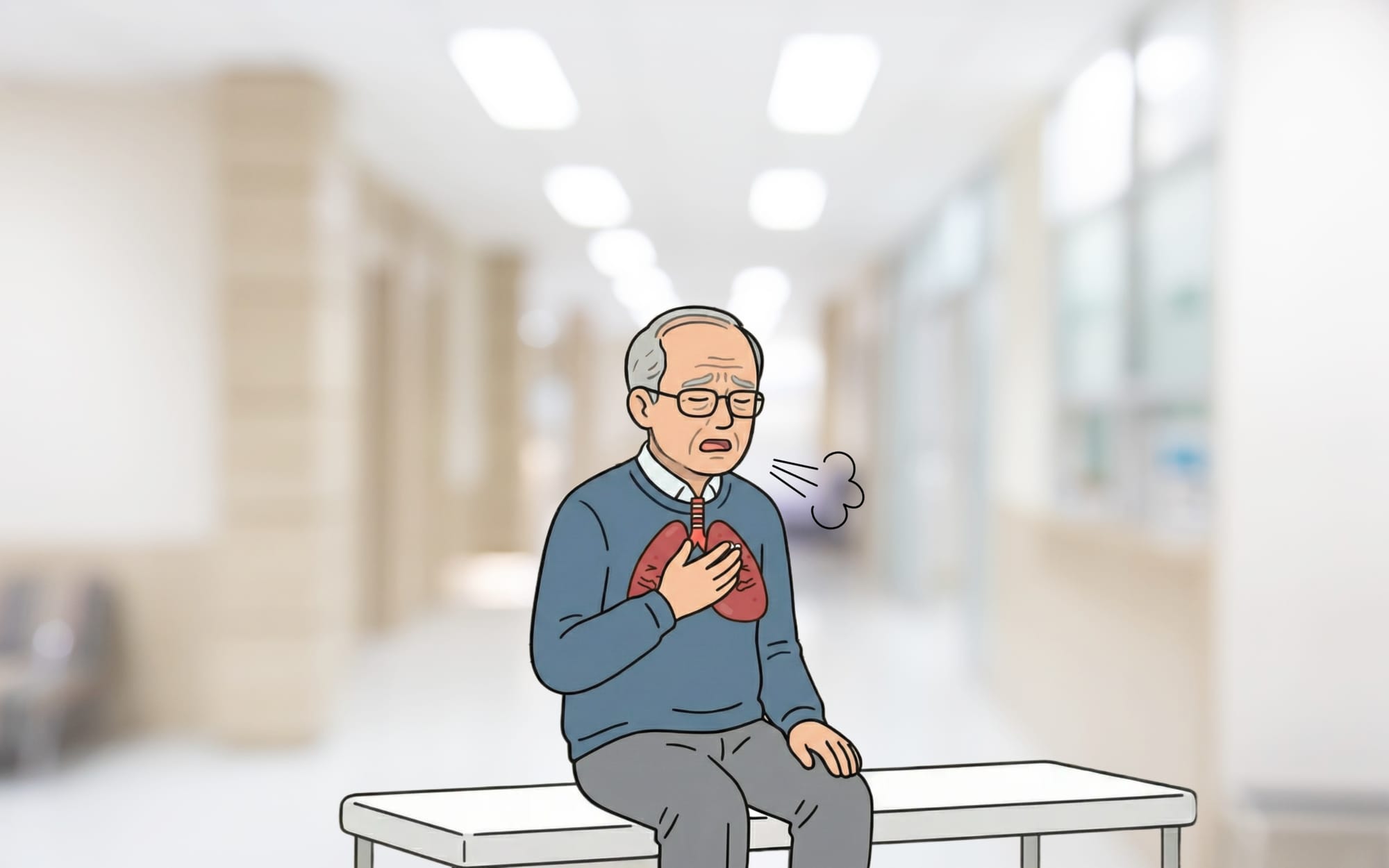 폐기능 검사를 하기 위해 내원한 50대 환자의 모습