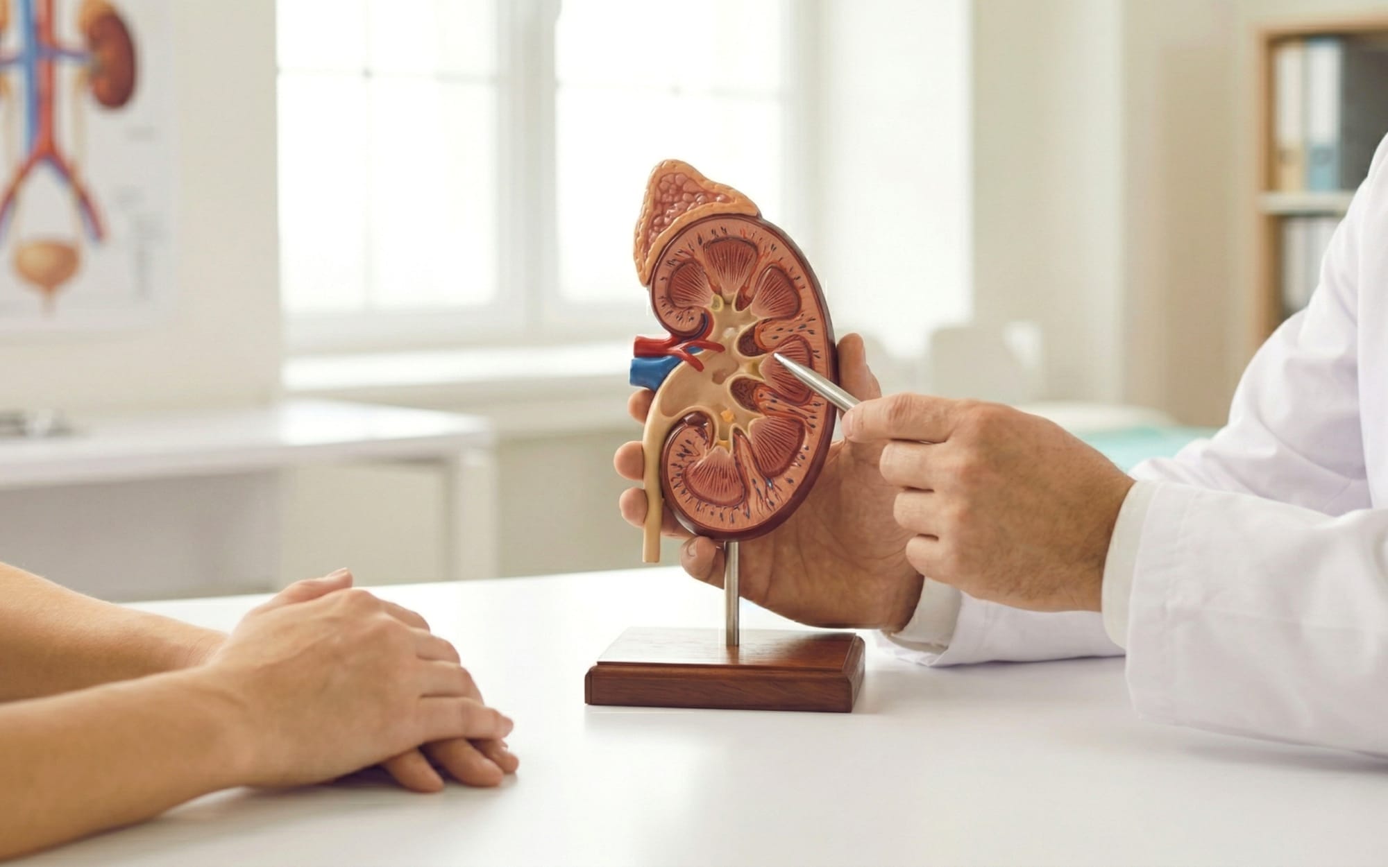 환자에게 신장 모형을 보여주며, 기능에 대해 설명하고 있는 의사