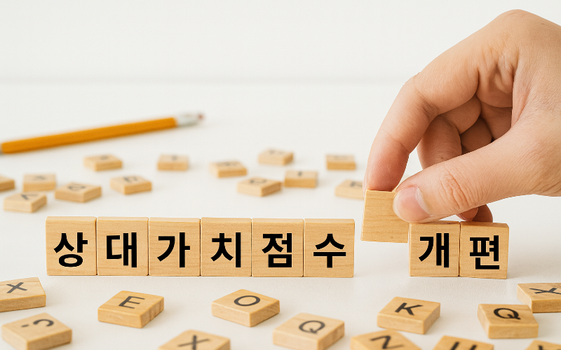 책상 위에 "상대가치점수 개편"이라고 적힌 블록들이 세워져있는 모습