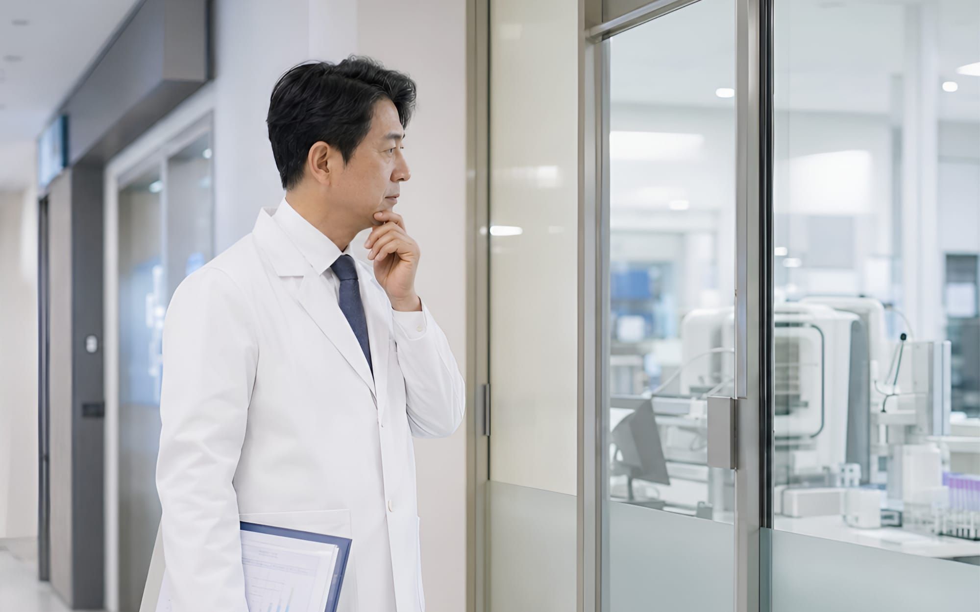 진료 서류를 든 의사가 유리벽 너머 원내 검사실 장비를 바라보며 도입을 고민하는 모습
