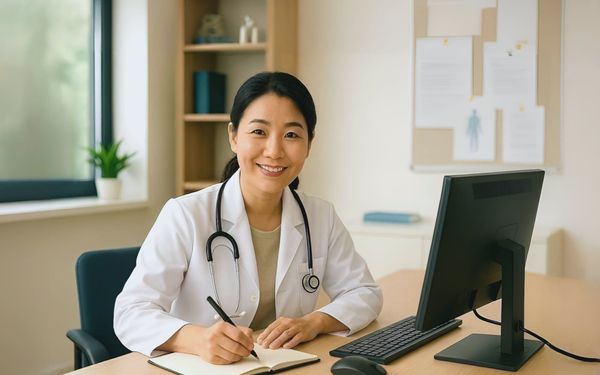 진료실 모니터 앞에서 메모하고 있는 의사의 모습