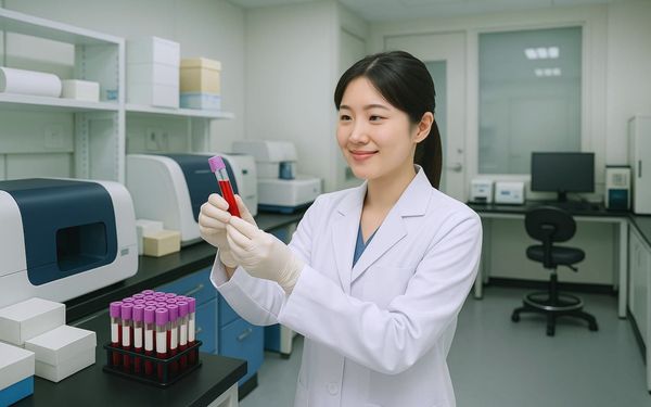 검체를 확인하고 있는 임상병리사의 모습.