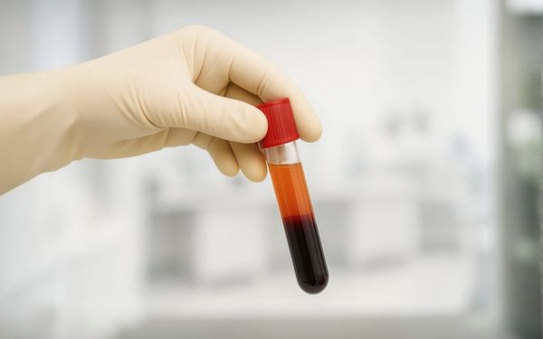 용혈된 검체 튜브를 들고 있는 손