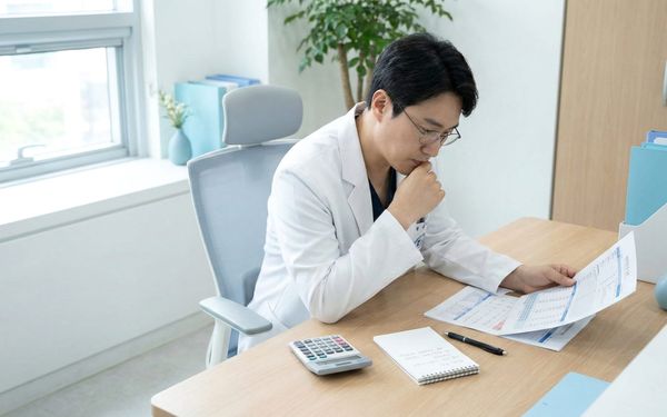 수익 계산표를 들고 고민하고 있는 내과 원장