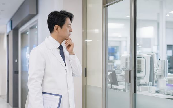 진료 서류를 든 의사가 유리벽 너머 원내 검사실 장비를 바라보며 도입을 고민하는 모습
