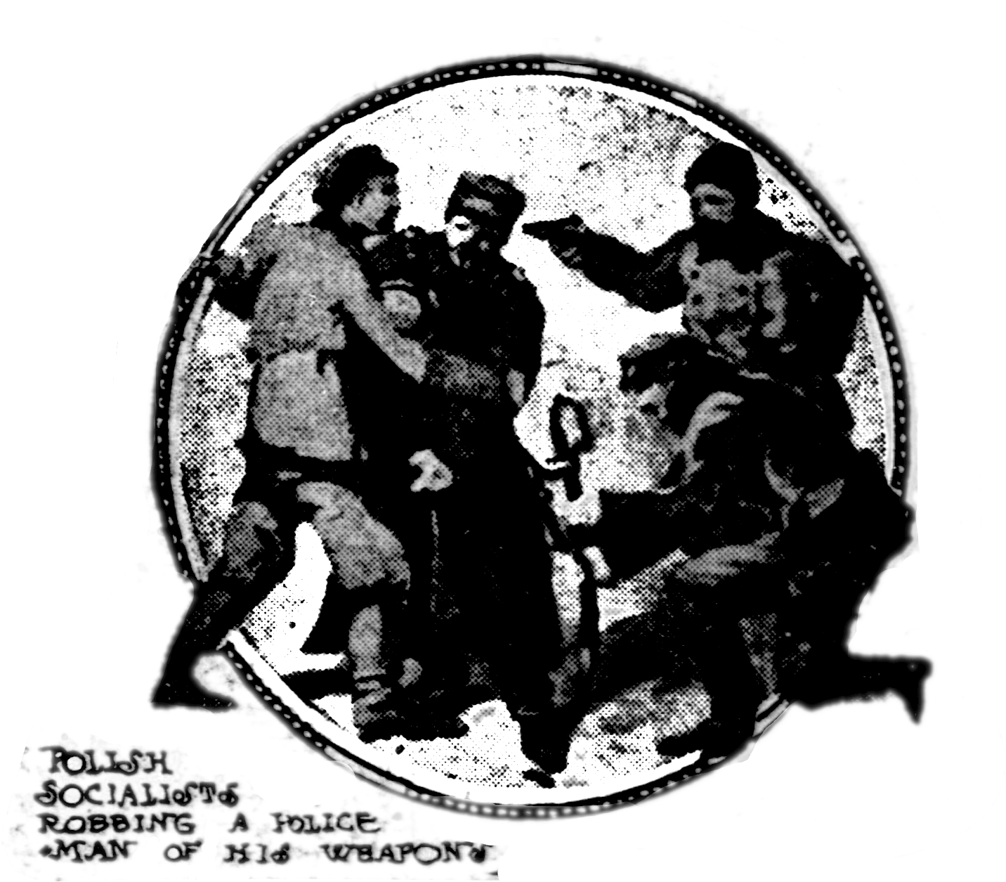 Grainly illustration of 3 Polish Bundists disarming a policeman. captioned with: Polish socialists robbing a police man of his weapon