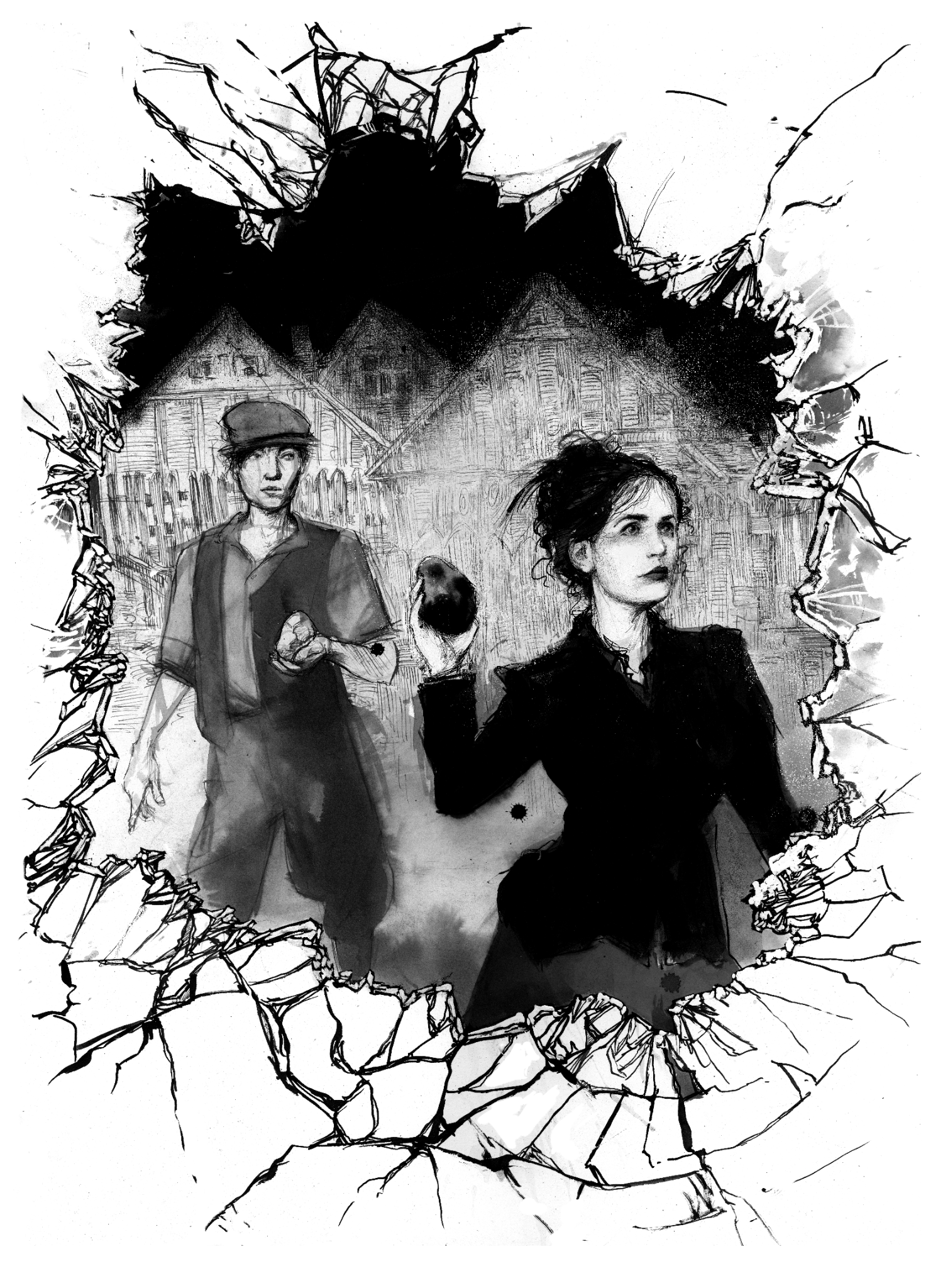  B&W drawing looking through a broken window of a young woman holding a rock, preparing to throw it, with a person behind her holding another rock