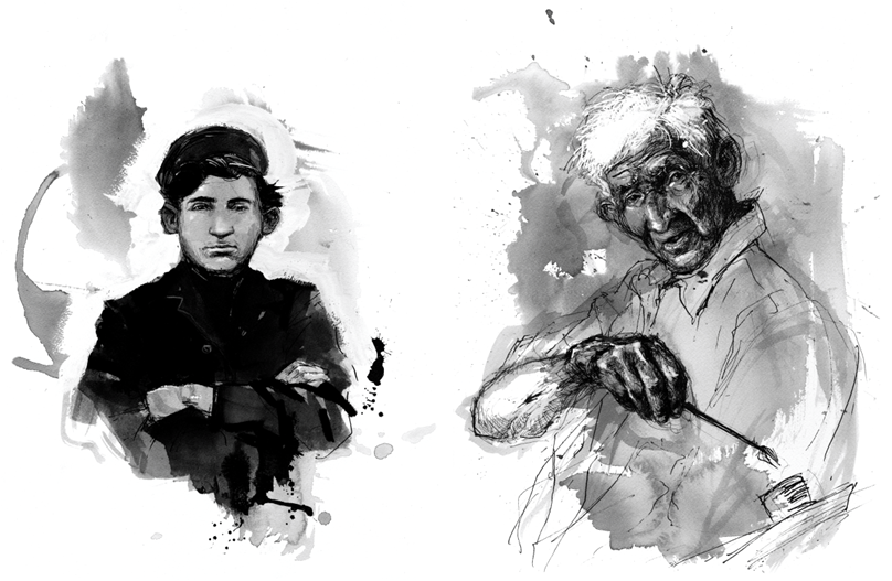 side by side drawings of Sam Rothbort as a young man wearing a cap with arms crossed and as an elder holding a paintbrush