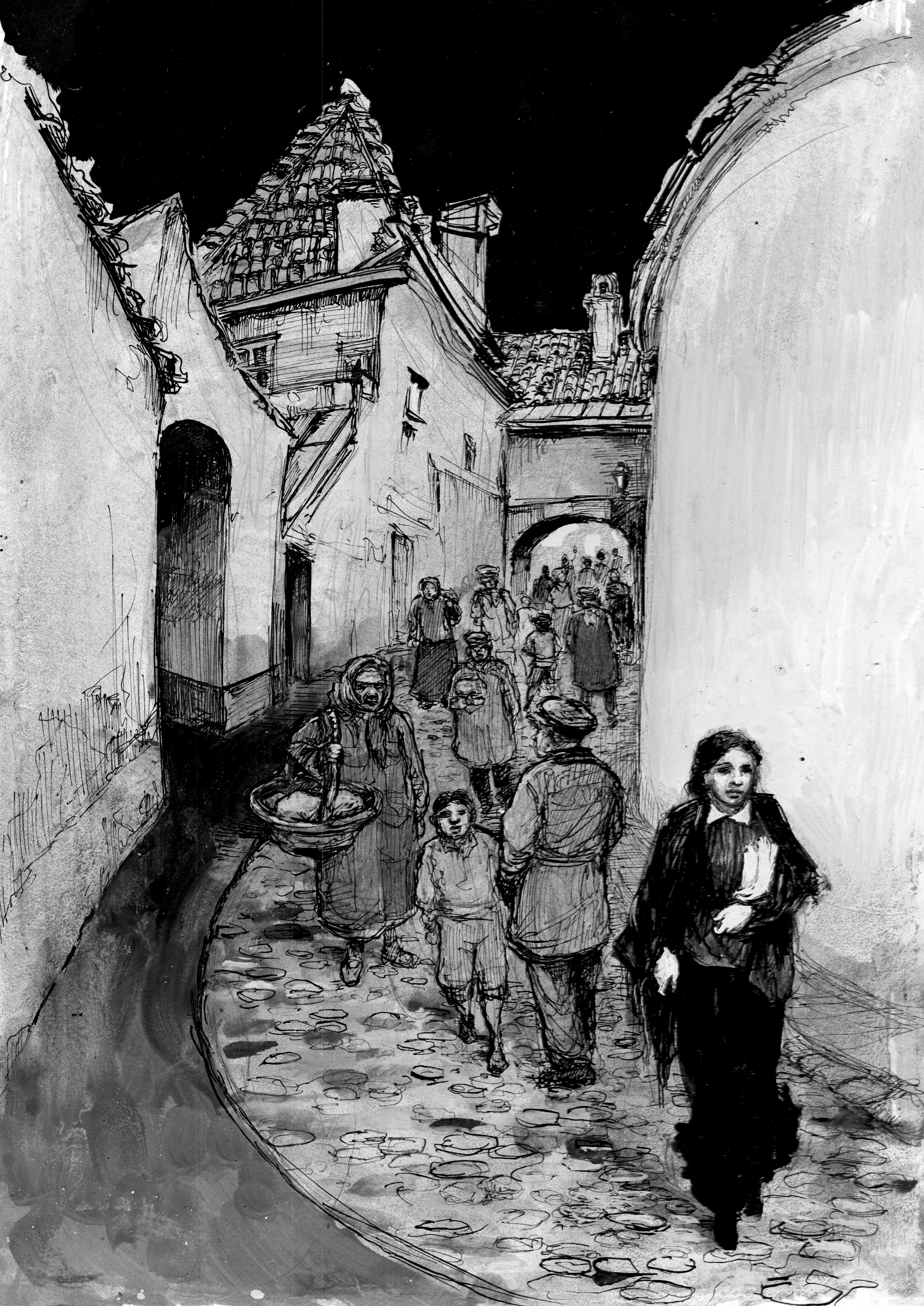 drawring of a crowd of people walking on a narrow street