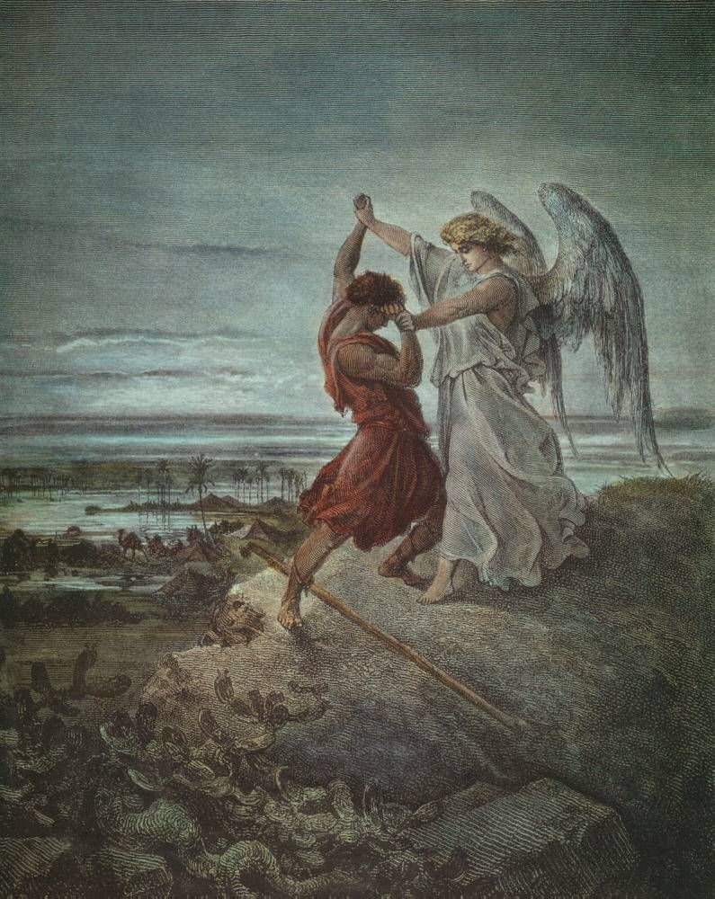 19th-century painting in muted colors depicting Jacob, in a red robe, wrestling an angel in white upon a rock overlooking a natural desert scene.
