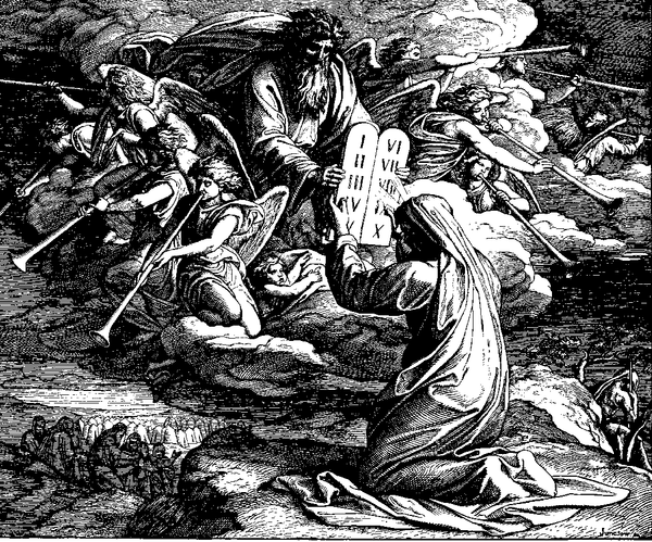 A detailed black-and-white woodcut depicts Moses receiving the Ten Commandments from God, surrounded by angels blowing horns.