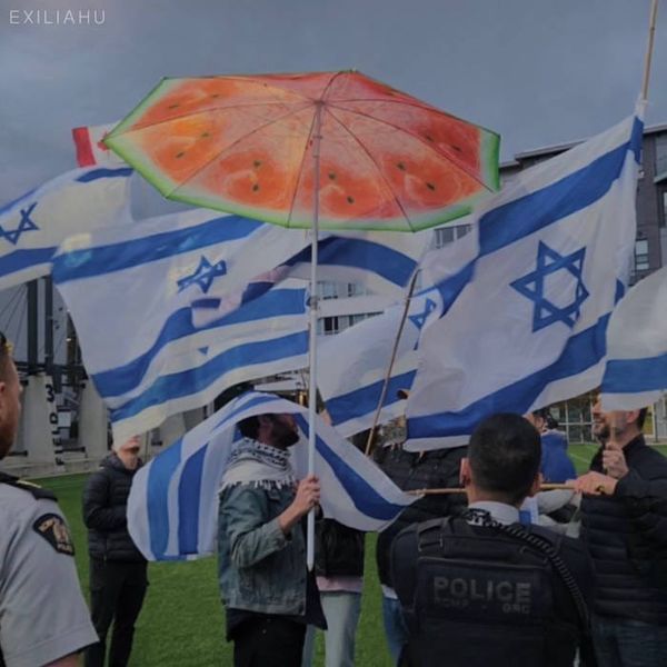 Album artwork that show an individual with a watermelon umbrella surrounded by police and Israeli flags