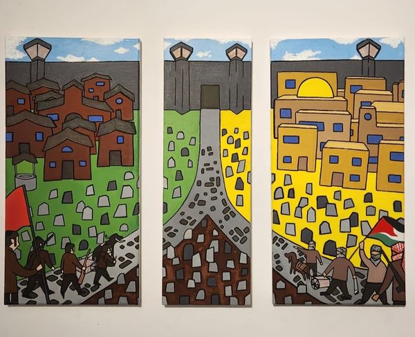 Tryptych with one side Jews marching out from shtetls & the other Palestinians marching from villages road converges in middle pane