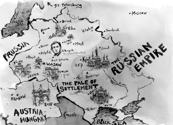 Map of the Eastern-Central European lands where Jews overwhelmingly lived. Illustration by Molly Crabapple, courtesy Molly Crabapple and Penguin Random House.