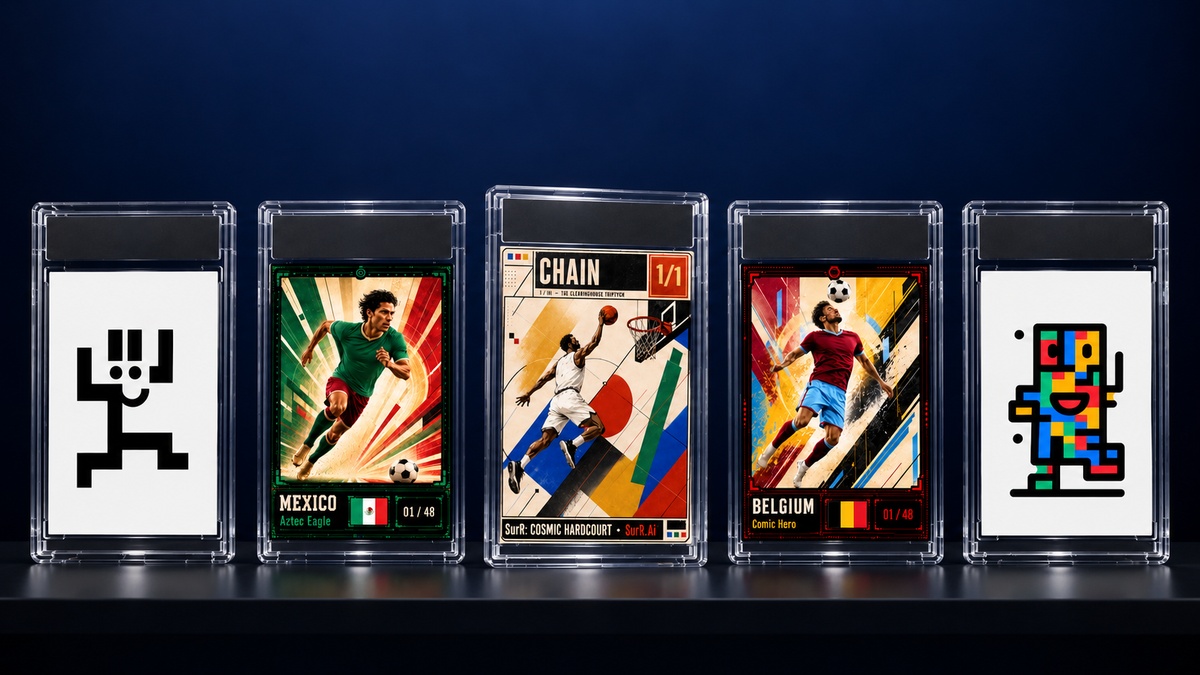 Five SurR.Ai phygital works in clear trading-card cases on a dark shelf: two Bitcoin Ordinals at the ends, three Ethereum sports cards with physical manifestations between.