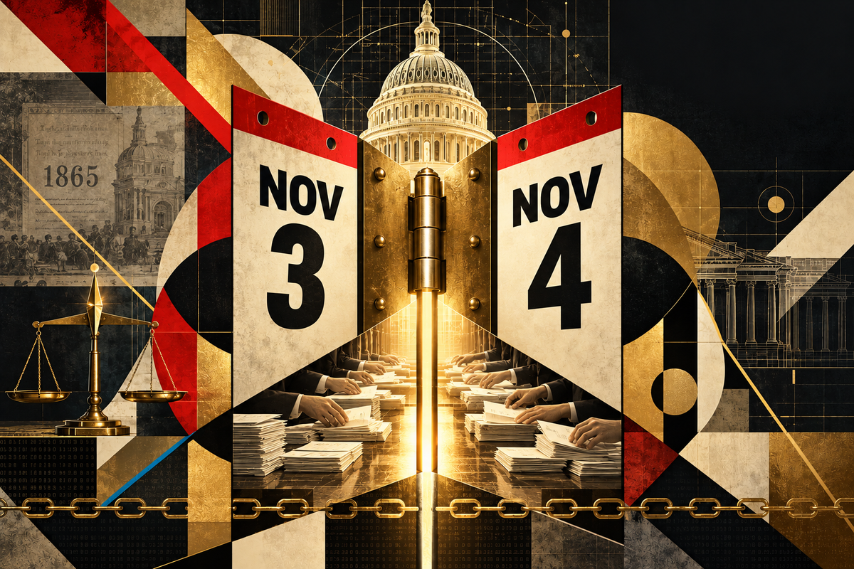 A brass hinge joins calendar pages for Nov 3 and Nov 4, with light falling on hands counting ballots beneath the U.S. Capitol dome.