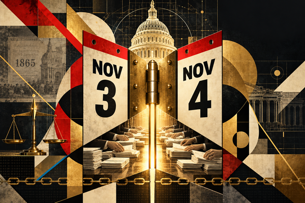 A brass hinge joins calendar pages for Nov 3 and Nov 4, with light falling on hands counting ballots beneath the U.S. Capitol dome.