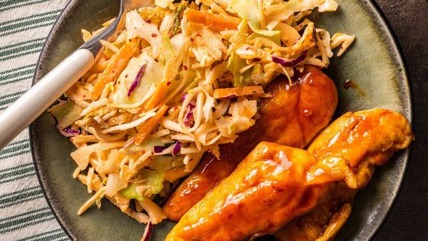 Korean flavours enliven this simple weeknight dish of spicy chicken and slaw