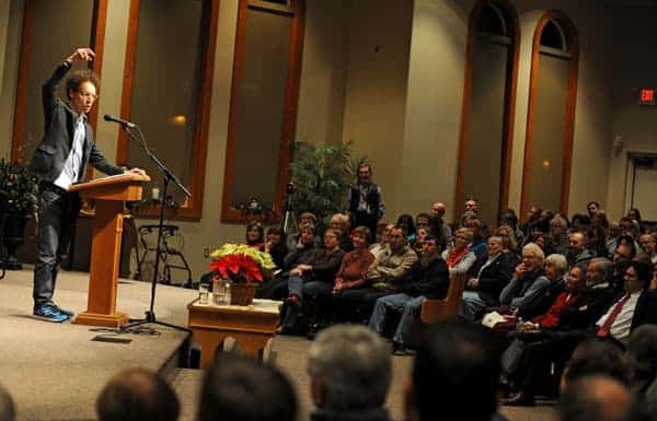 Author Malcolm Gladwell was at Floradale Mennonite Church on Wednesday night to discuss his latest book, David and Goliath: Underdogs, Misfits: and the Art of Battling Giants. [Elena Maystruk / The Observer]
