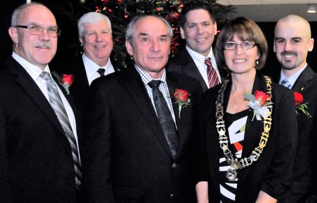 Woolwich’s new council was sworn-in for the 2014-2018 term at a ceremony Tuesday night at Lions Hall in Elmira. From left, Mark Bauman (Ward 2), Larry Shantz (Ward 3), Murray Martin (Ward 3), Patrick Merlihan (Ward 1), Sandy Shantz (mayor) and Scott Hahn (Ward 1).[Steve Kannon / The Observer]