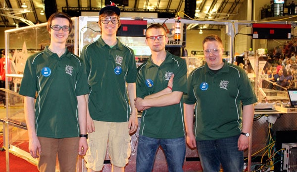 Evan Courtis, Jacob Cornwall, Peter Giesbrecht and Aaron Crawford led the Elmira District Secondary School robotics team to a third-place finish at the FIRST Robotics Waterloo regional competition Mar. 20-22 at the University of Waterloo.  [Scott Barber / The Observer]