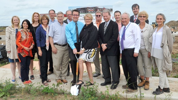 Waterloo Region District School Board officials, local politicians, as well as representatives from Kingsland + Architects and Tambro Construction gathered for the official groundbreaking ceremony of the new Riverside Public School in Elmira’s Lunor subdivision Sept. 9. Left to right, Nancy Dickinson, Melissa Hilton, Ellen McGaghey, Sandy Shantz, Kari Feldman, Ken Seiling, Robert MacNaughton, Brent Hatcher, Kathleen Woodcock, Colin Kingsland, John Bryant, Nathan Tami, Mel Lavoie, Matthew Gerard, Linda Bird and Maria Lugosi. [Scott Barber / The Observer]