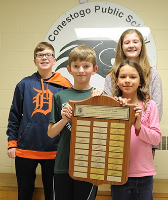 The Conestogo-Winterbourne Optimist Club handed out their Student Appreciation awards to Conestogo Public School students Blake Roemer, Hadley Mustakas (back), Jakob Geimer and Jessica Schmidt (front).[Liz Bevan / The Observer]