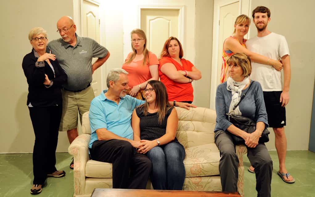 Everything is not as it seems in Theatre Wellesley’s production of The Trouble With Cats. The actors have been busy rehearsing since September. Back: Judy Johnson, Ted Shier, Karen Reger, Sascha West. Renee Murray, Grant Chapman. Front: Dave McNorgan, Jamie McLean, Rhonda Caldwell.[Whitney Neilson / The Observer]