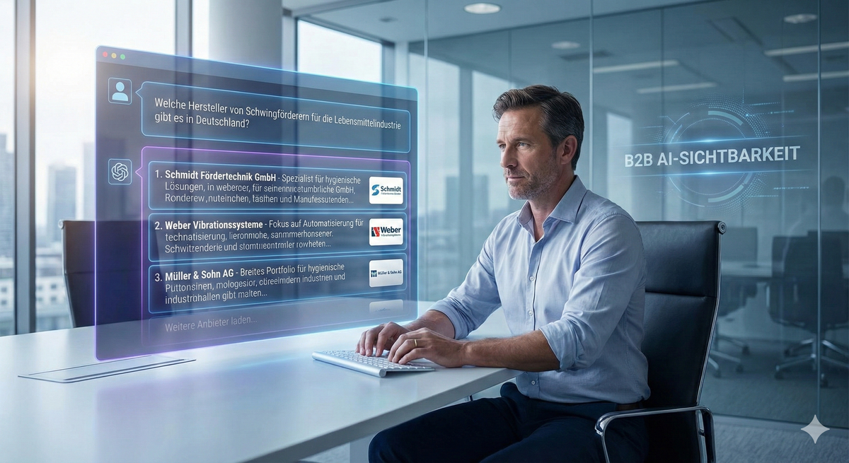 Ein B2B-Einkäufer recherchiert über eine KI-Chat-Oberfläche nach Lieferanten.