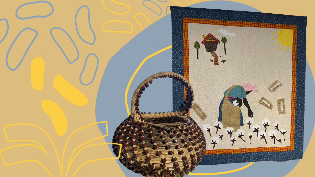 mixed media image of a woven basket and a quilt depicting a Black woman picking cotton on a light blue and yellow background