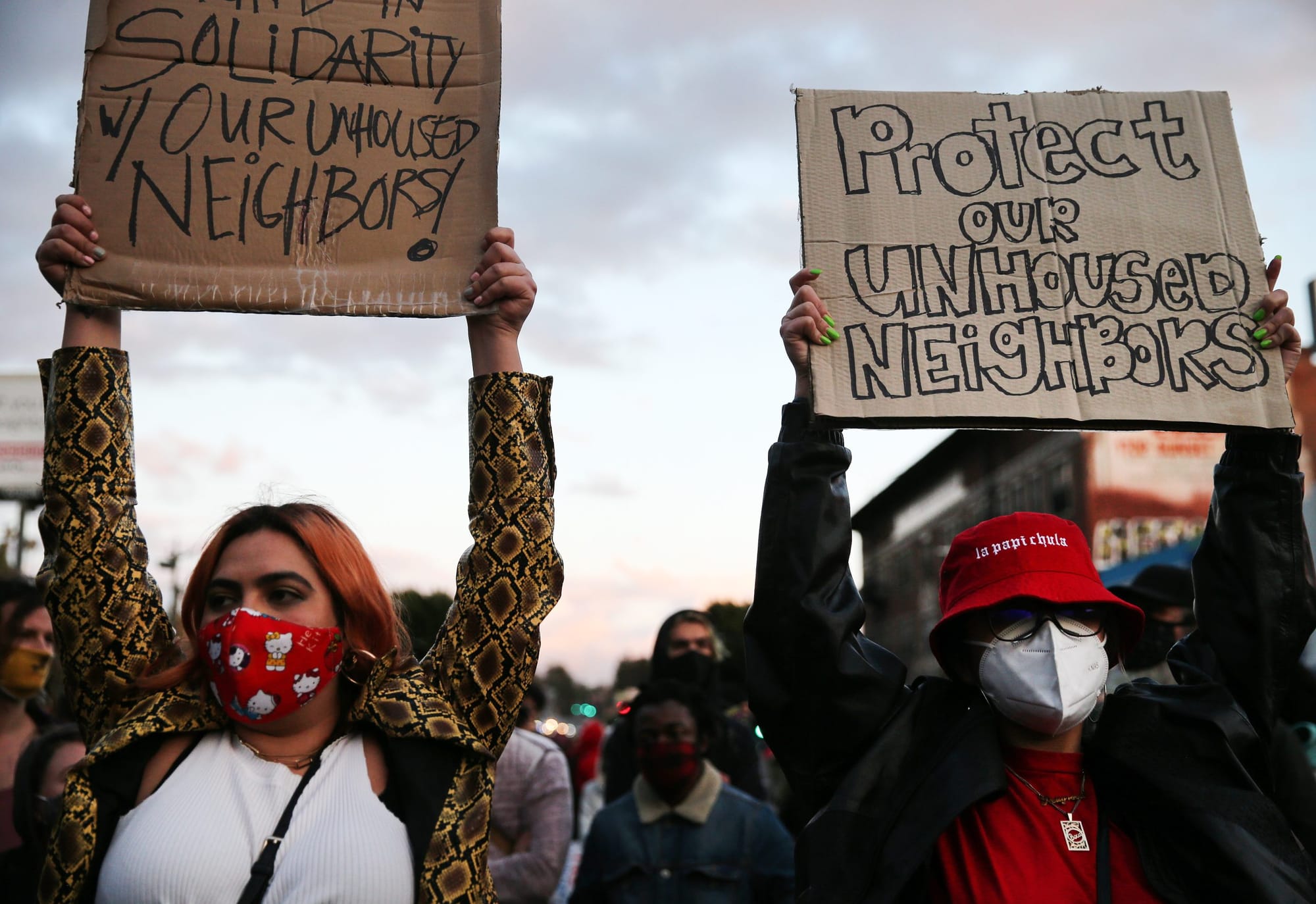 color photograph of an outdoor protest. people in masks hold up cardboard signs reading "solidarity with our unhoused neighbo