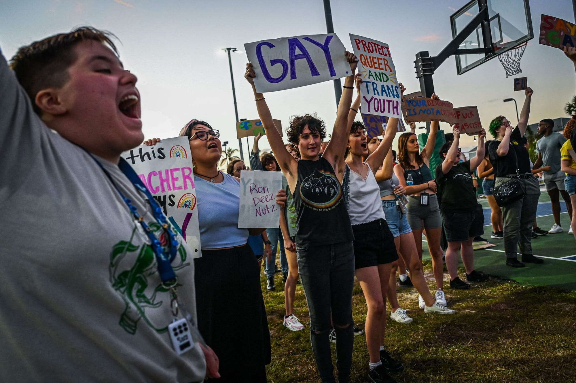 color photograph of outdoor protest. high-school-aged youth hold up signs in support of lgbtqia+ rights