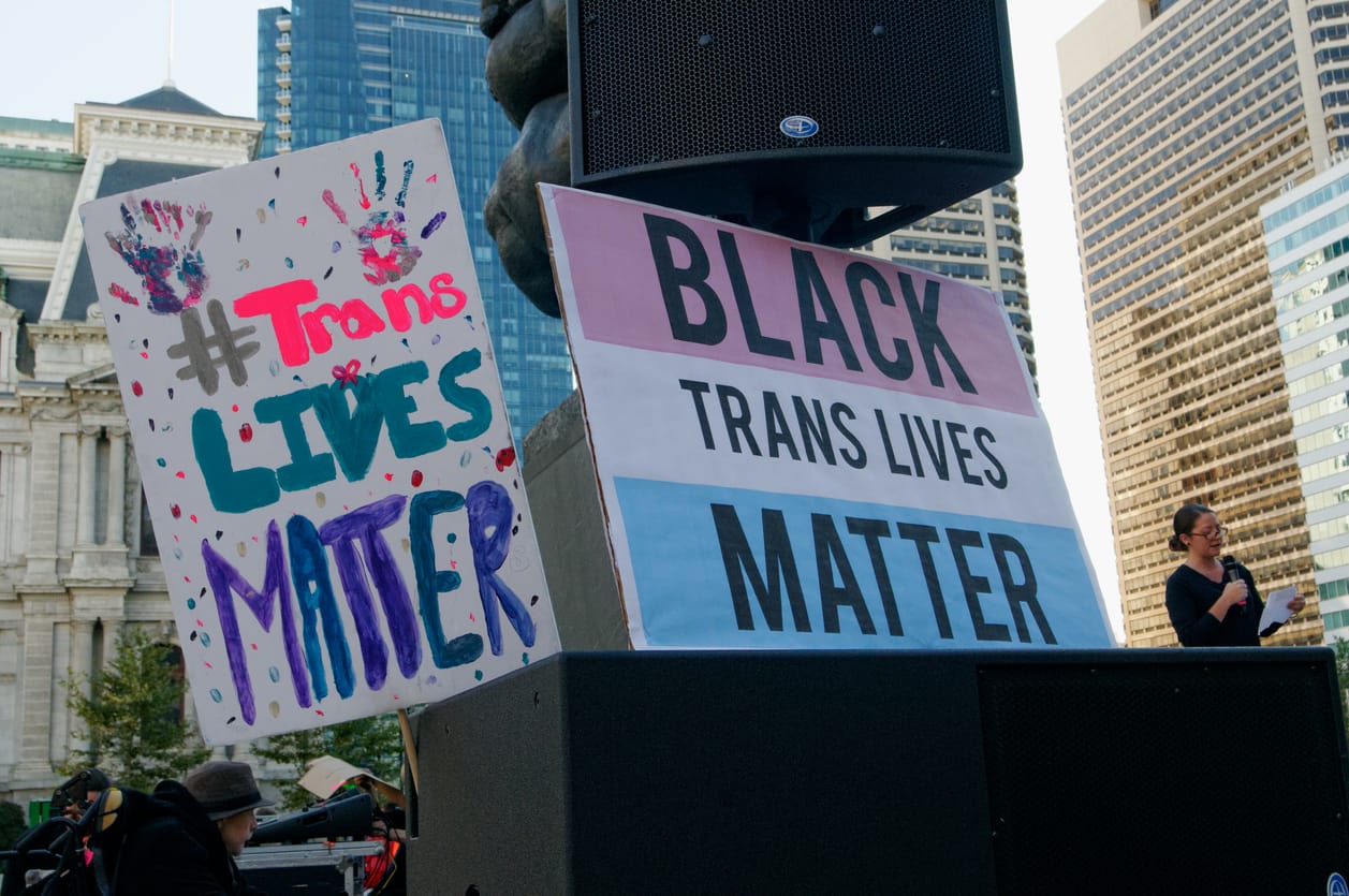 color photo outdoors of two cardboard poster signs in support of trans rights lean against a speaker