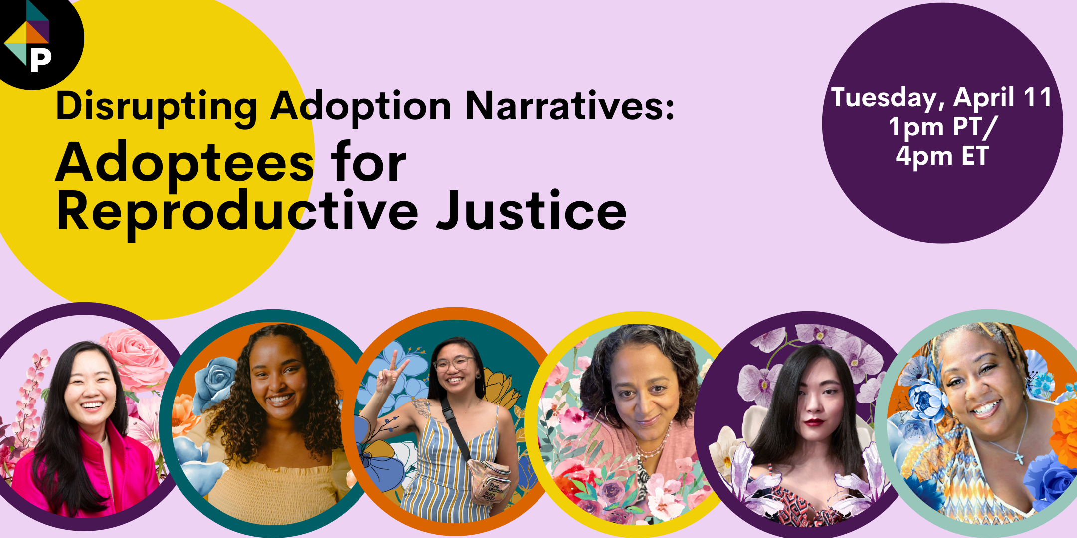 light purple banner with six photos of adoptees for reproductive justice headshots