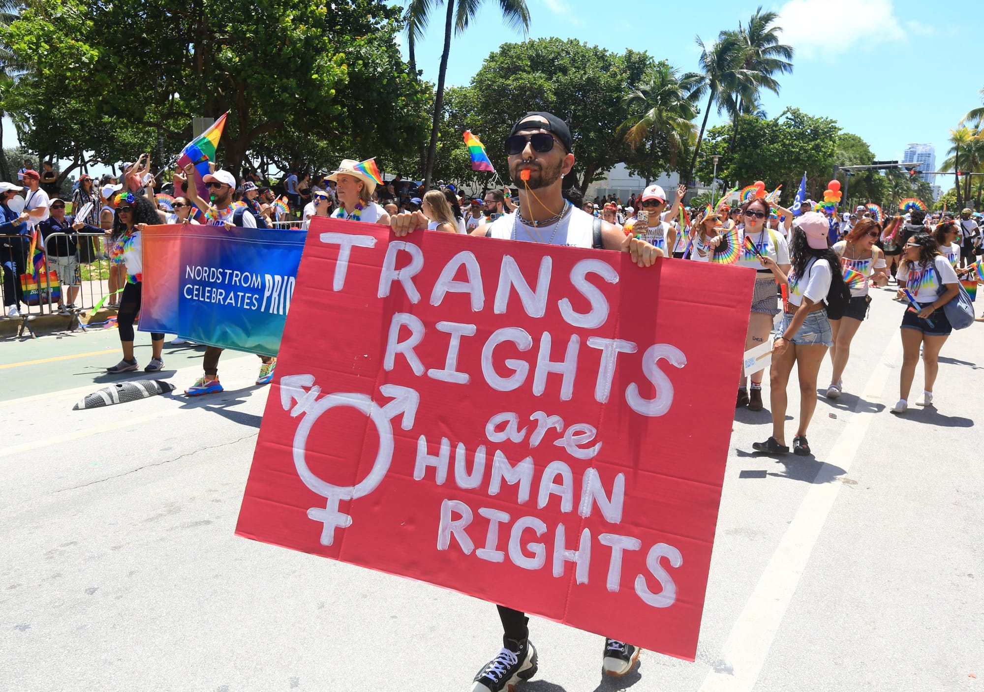 color photograph of an outdoor Pride parade. a masc person holds a large red sign with white text that reads "trans rights ar