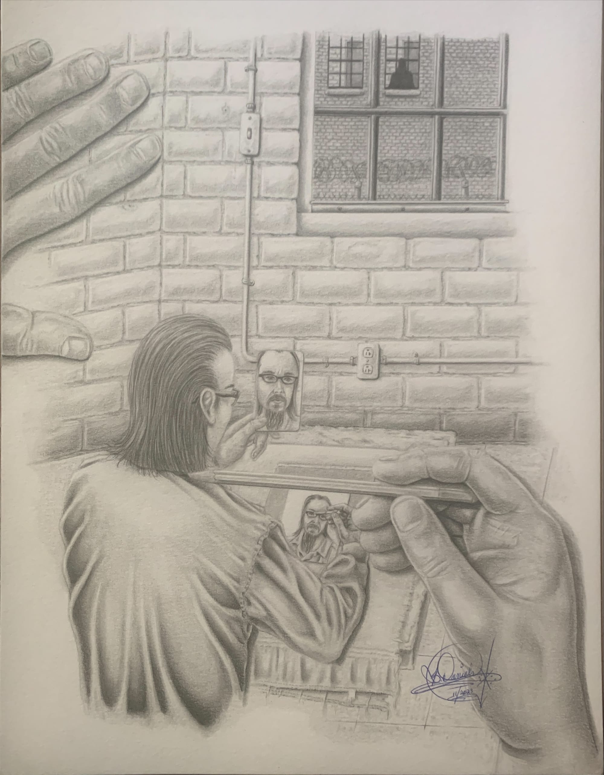 hand-drawn pencil illustration of a hand holding a pencil up for perspective in the foreground against a man sitting with his back facing the artist in the mid-ground. the man in the mid-ground holds a mirror up and draws a self-portrait