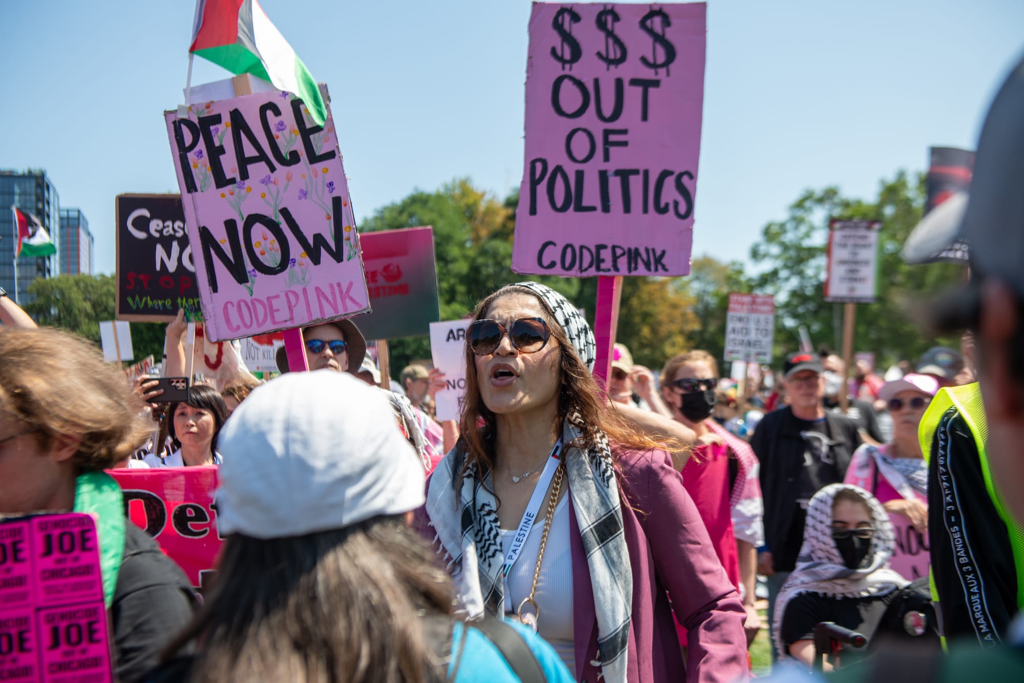 color photograph of people holding up picket signs that read "peace now" and "$$$ out of politics"
