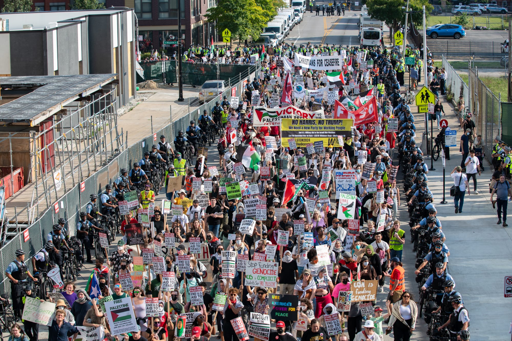 color photograph aerial view of hundreds of protesters walking down the street. police line both sides of the street