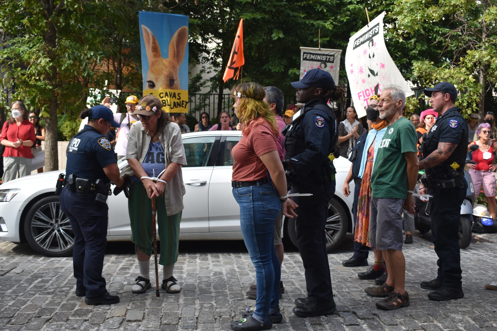 An older woman with a cane is arrested by police.