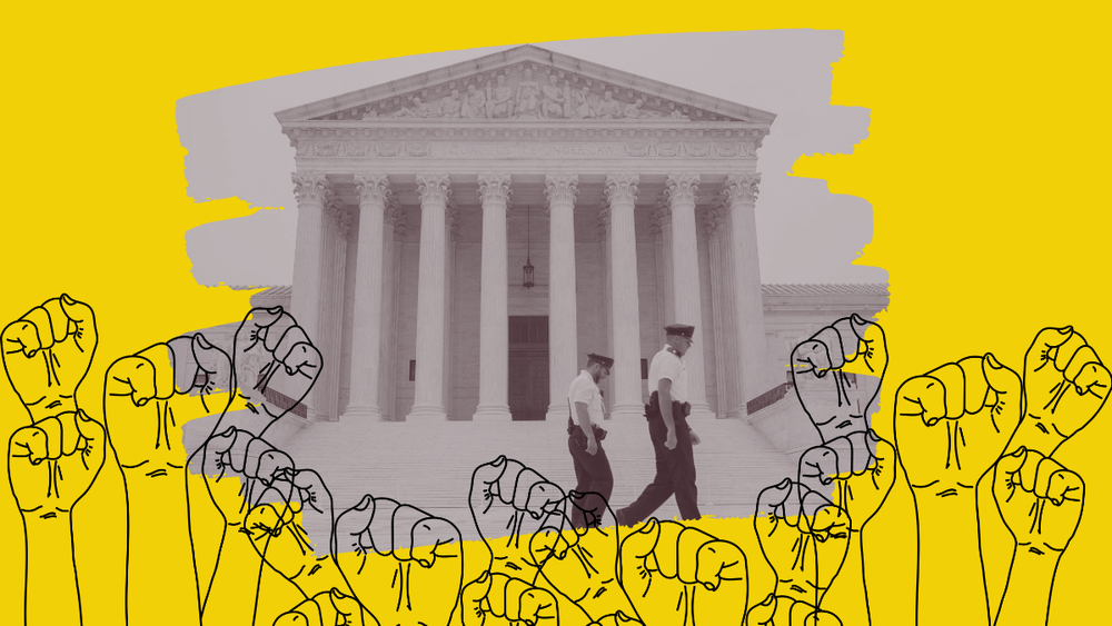 court house in front of a yellow background with illustrated fists signaling protest