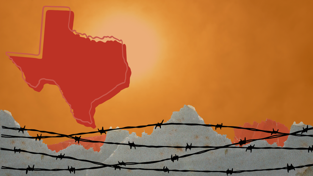 digital collage on an orange background. the outline of the state of texas hovers on the left above barbed wire crossing over