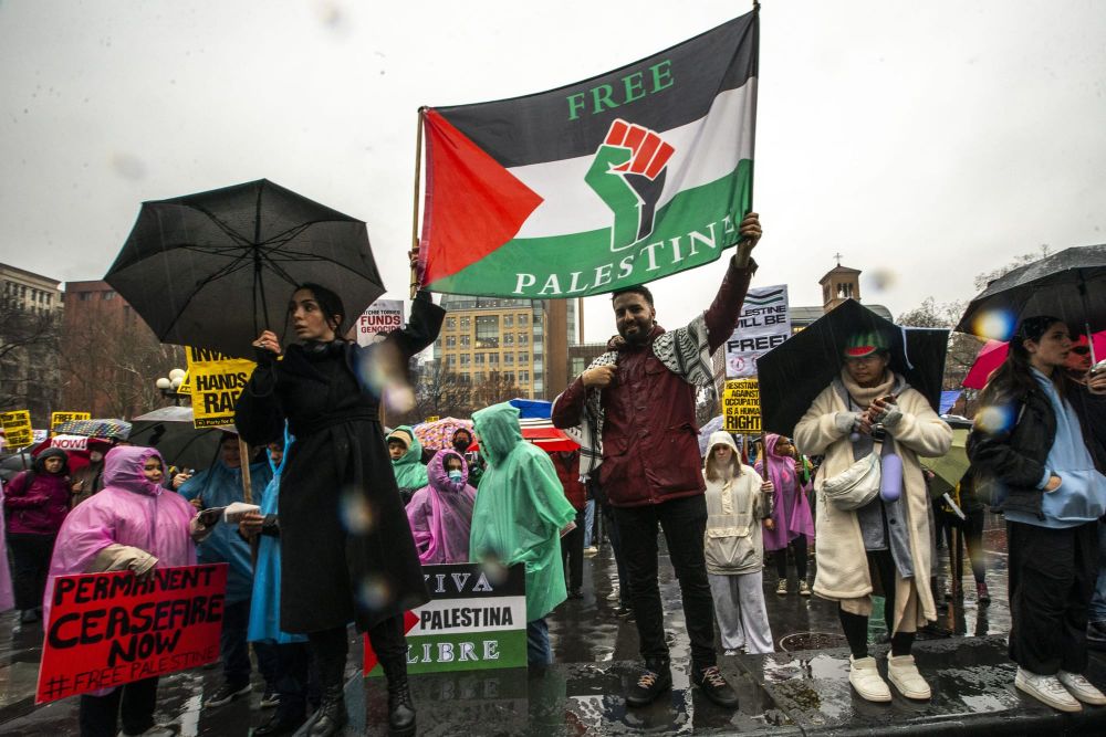 color photograph of an outdoor protest in support of Palestinian liberation