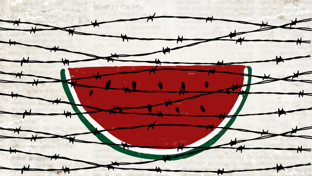 collage of a watermelon behind barbed wire