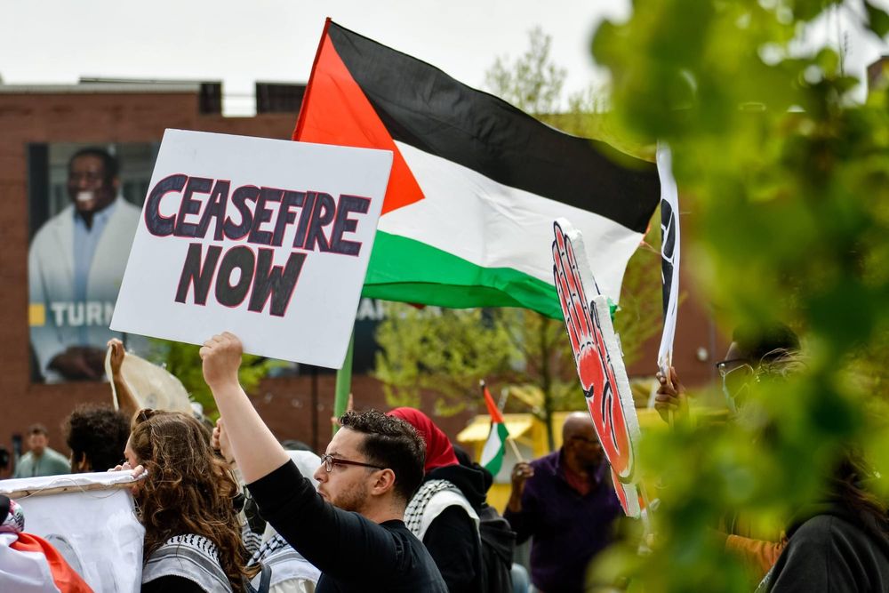 color photograph of an outdoor protest. people hold up the Palestinian flag and and signs that read "ceasefire now"