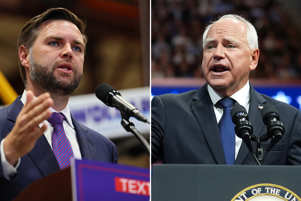 side-by-side color photographs of J.D. Vance and Tim Walz speaking at campaign rallies